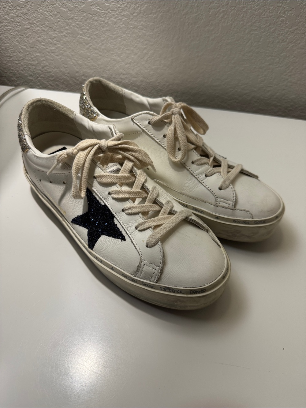 Golden Goose White Leather Sneakers with Navy Star Silver Heel Accent HI STAR